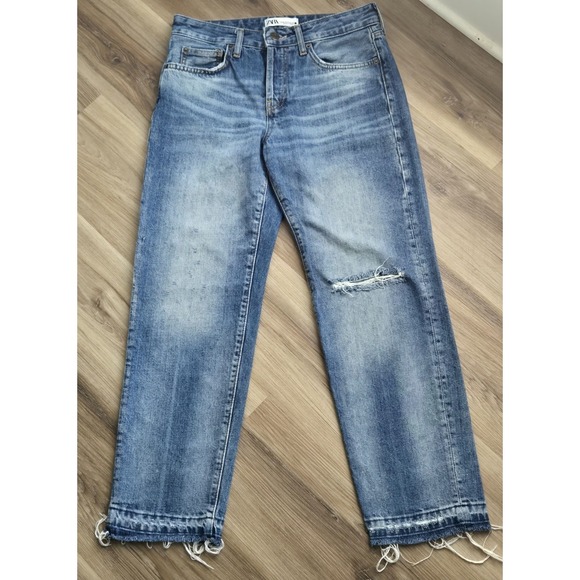 Zara Denim - Zara Jeans Womens 4 Raw Hem Mid-Rise Slim‎ Button Fly Ripped Relaxed Fit Boho